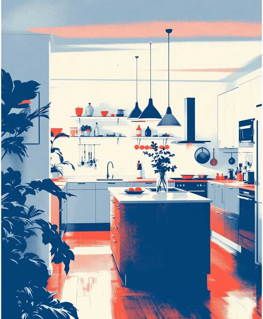Illustrated open-plan kitchen interior