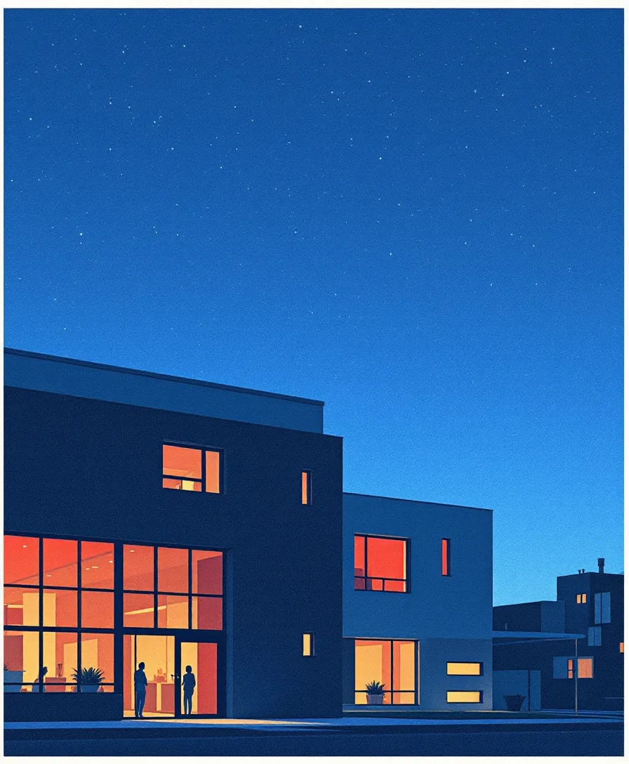 Illustrated modern facade at dusk